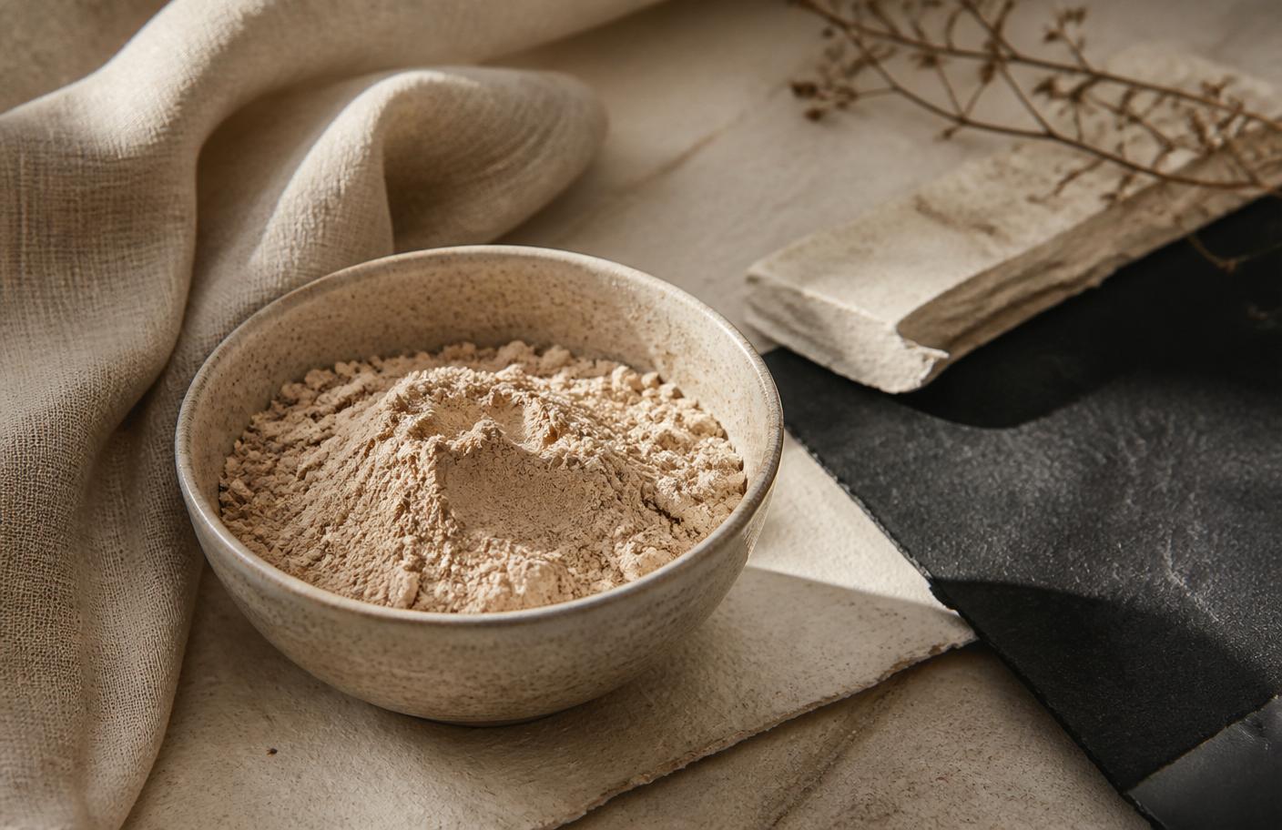 A ceramic bowl of GANA protein powder on a linen cloth